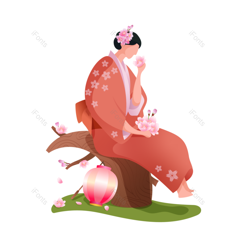 插画图片,卡通人物元素,樱花PNG,女孩免抠素材
